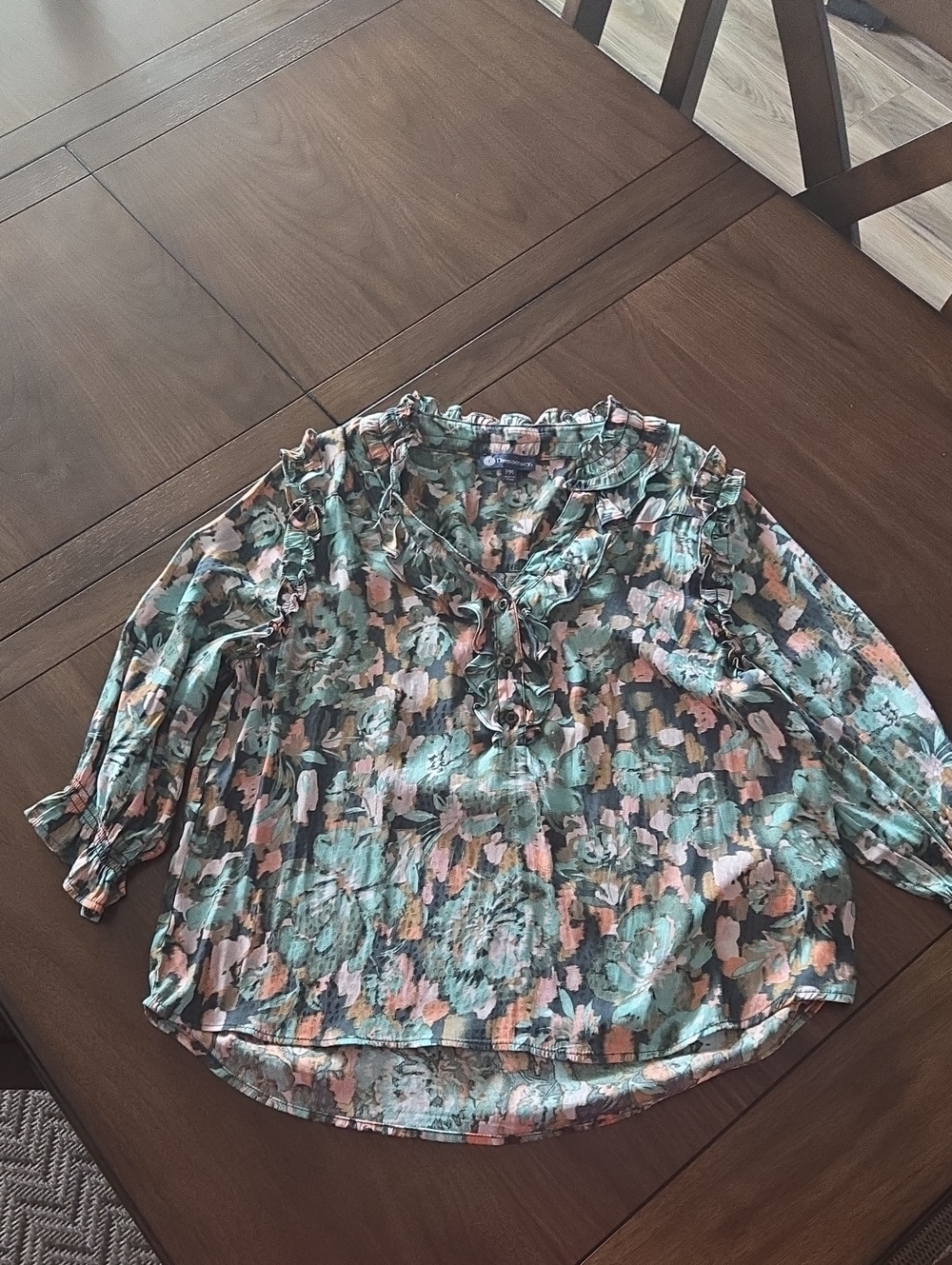 Democracy Green and Pink Floral Ruffle Tie-Neck Blouse